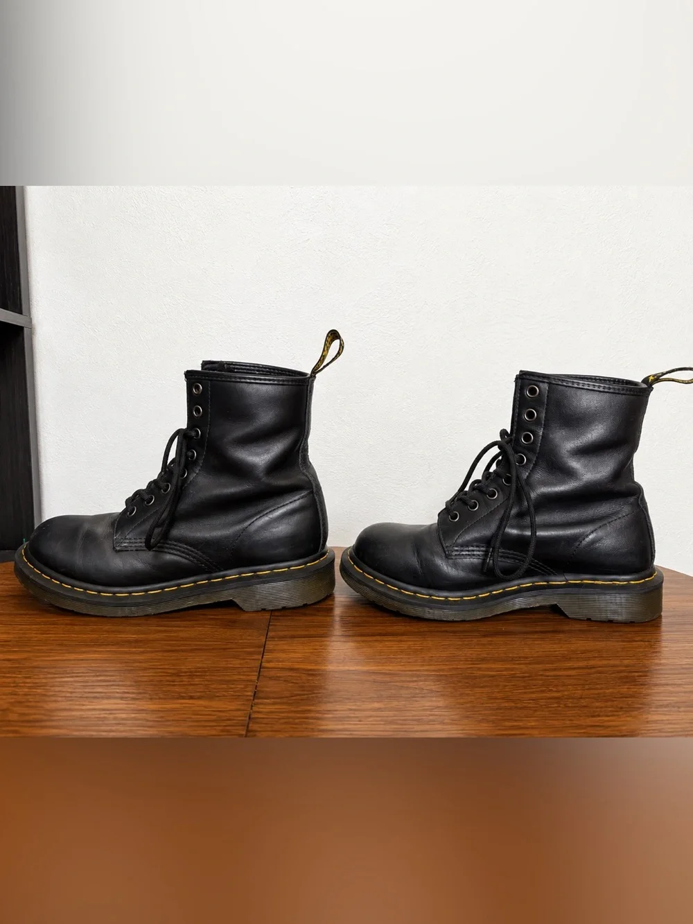 Dr. Martens Black Leather 8-Eye Lace-Up Boots with Yellow Stitching